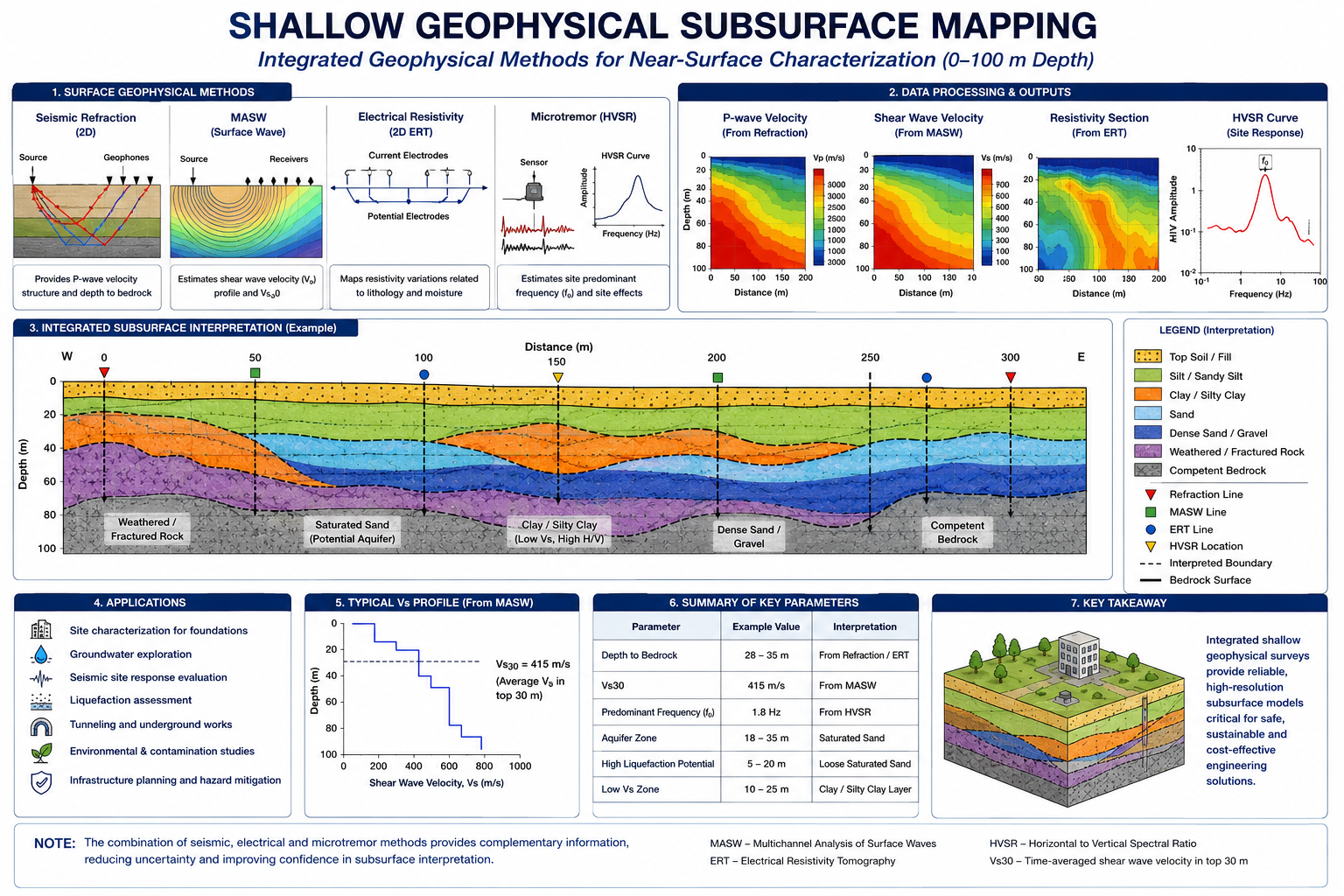 Integrated shallow geophysical subsurface mapping using seismic refraction, MASW, ERT and microtremor HVSR methods.